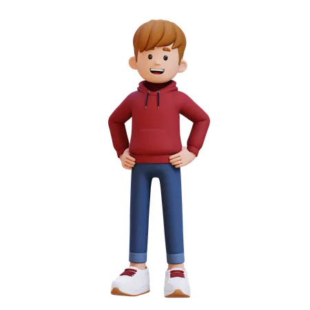 Hoodie Boy Standing While Hands On Hip  3D Illustration