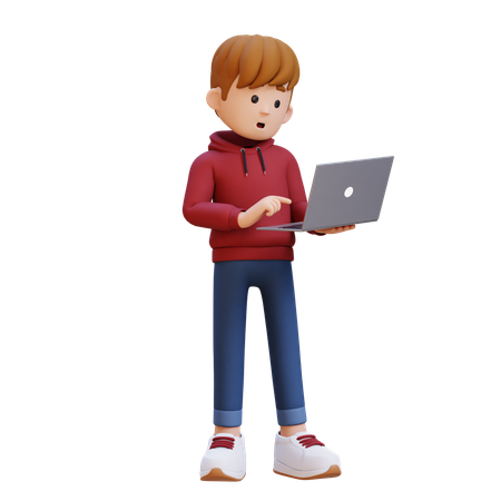 Hoodie Boy Standing While Working On Laptop  3D Illustration