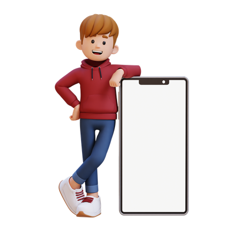 Hoodie Boy Standing With Big Smartphone With Empty Screen  3D Illustration