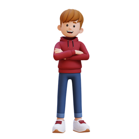 Hoodie Boy Standing With Cross Hands  3D Illustration