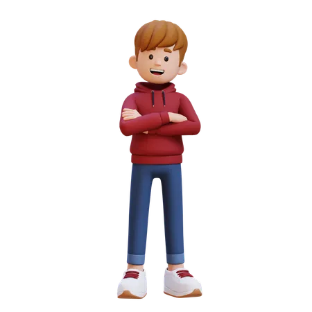 Hoodie Boy Standing With Cross Hands  3D Illustration