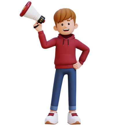 Hoodie Boy Standing With Megaphone  3D Illustration