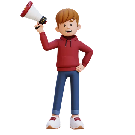 Hoodie Boy Standing With Megaphone  3D Illustration