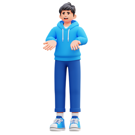 Hoodie Boy Standing With Open Hands  3D Illustration