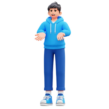 Hoodie Boy Standing With Open Hands  3D Illustration