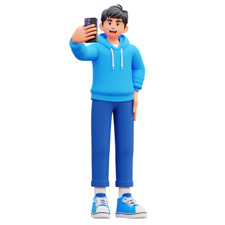 후드티를 입은 소년이 휴대폰으로 셀카를 찍고 있다  3D Illustration
