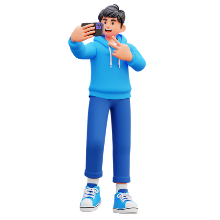 Hoodie Boy Taking Selfie Using Mobile  3D Illustration