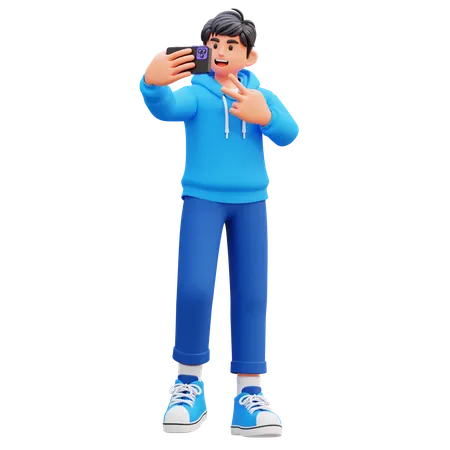 Hoodie Boy Taking Selfie Using Mobile  3D Illustration