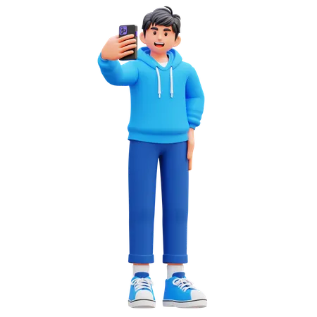 Hoodie Boy Taking Selfie Using Mobile  3D Illustration