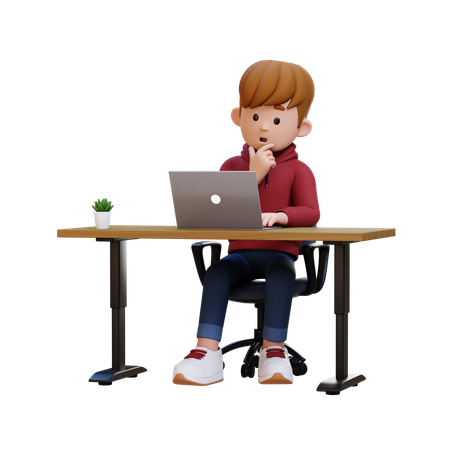 Hoodie Boy Thinking Something While Working On Laptop  3D Illustration