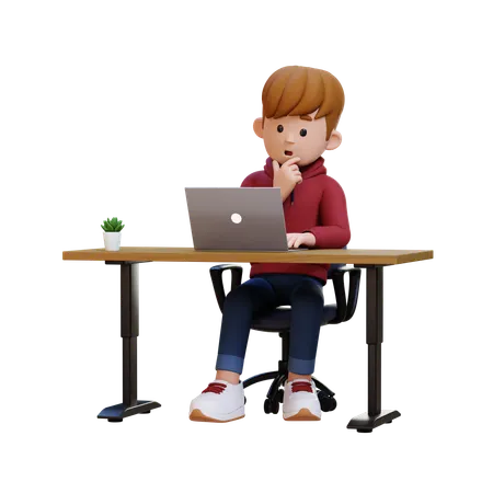 Hoodie Boy Thinking Something While Working On Laptop  3D Illustration