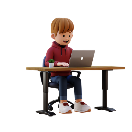 Hoodie Boy trabalhando em laptop no local de trabalho  3D Illustration