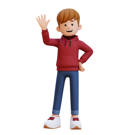 Hoodie Boy Waving Hand  3D Illustration