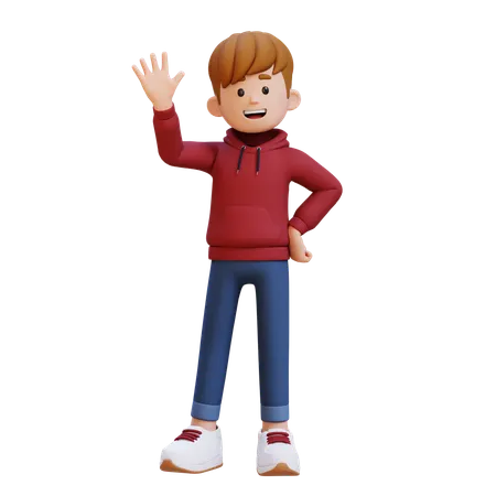 Hoodie Boy Waving Hand  3D Illustration