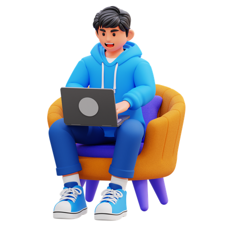 Hoodie Boy Working On Laptop  3D Illustration
