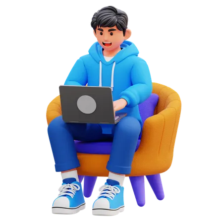 Hoodie Boy Working On Laptop  3D Illustration