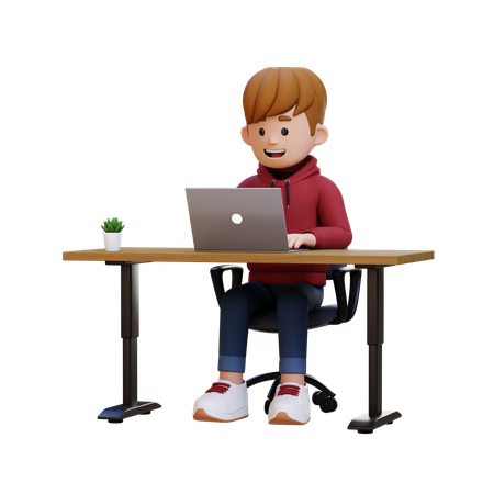 Hoodie Boy Working On Laptop At Office  3D Illustration