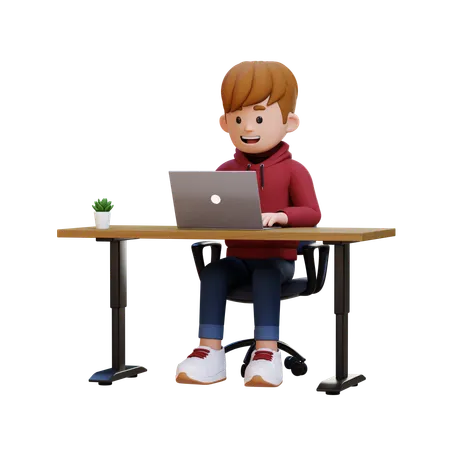 Hoodie Boy Working On Laptop At Office  3D Illustration