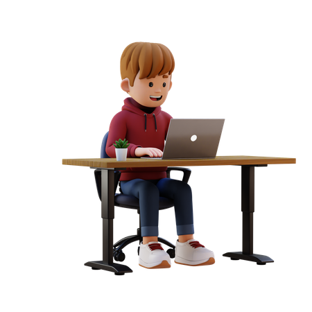 Hoodie Boy Working On Laptop At Workplace  3D Illustration