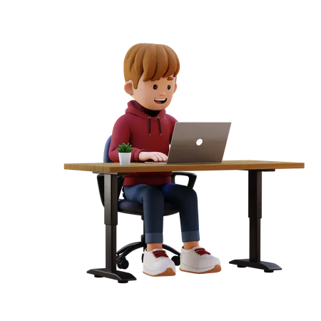 Hoodie Boy Working On Laptop At Workplace  3D Illustration