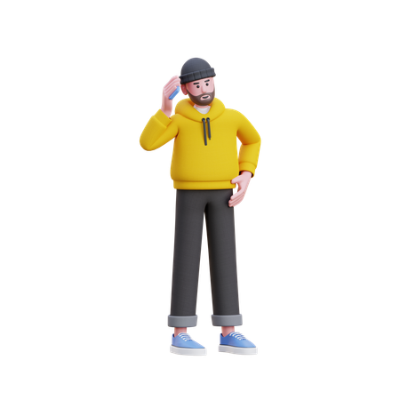 Hoodies Man Calling On Mobile  3D Illustration