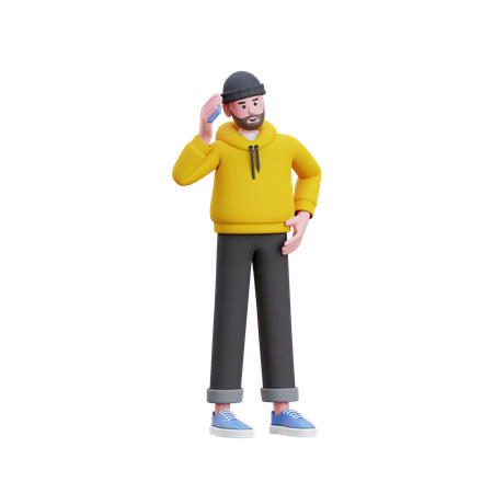 Hoodies Man Calling On Mobile  3D Illustration