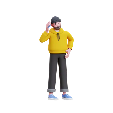 Hoodies Man Calling On Mobile  3D Illustration