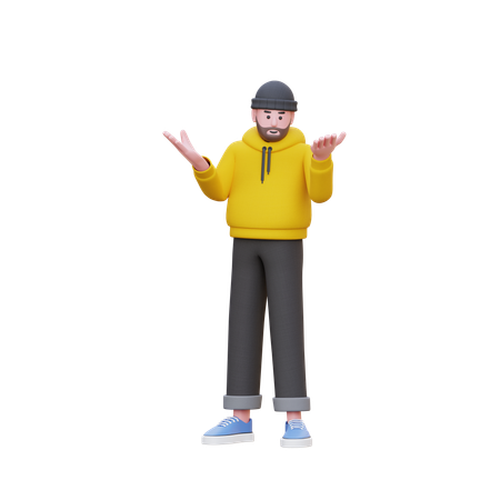 Hoodies Man Confuse While Standing With Open Hands  3D Illustration