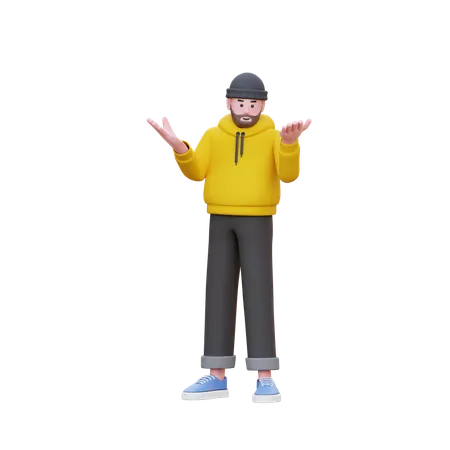 Hoodies Man Confuse While Standing With Open Hands  3D Illustration