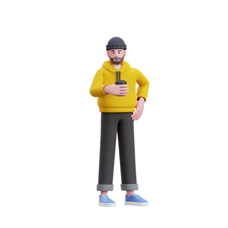 Hoodies Man Holding Coffee  3D Illustration