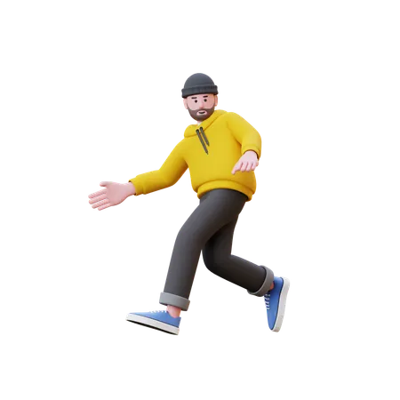 Hoodies Man Running While Hand Open  3D Illustration