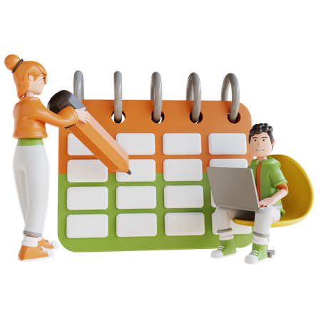 Horario y calendario de planificación de hombre y mujer de negocios  3D Illustration