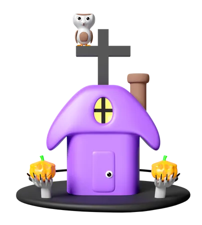 3 D Happy Halloween Day With Haunted House Cute Owl Perched On Cross Zombie Hand Holding A Pumpkin Lantern Isolated Holiday Party 3D Icon
