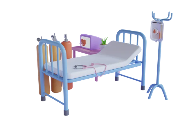 The Patients Bed Is Surrounded By A Pulse Meter A Saline Hose Stethoscope And A Surgical Device On A Purple Background 3 D Rendering 3D Illustration