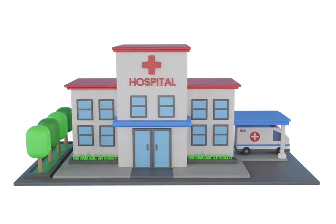 Hospital Building Isolated Front View On A Modern Hospital Building And Surrounding Area On A Piece Of Ground 3 D Illustration 3D Illustration
