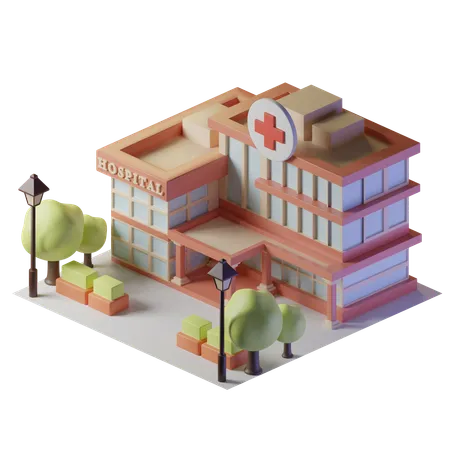 Hospital Isometric Building With Trees And Street Lights 3D Illustration