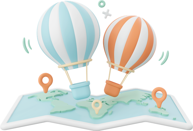 Hot Air Balloons Over A Map  3D Icon