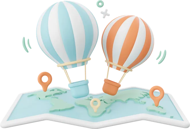 3 D Illustration Of Hot Air Balloons Over A Map 3D Icon