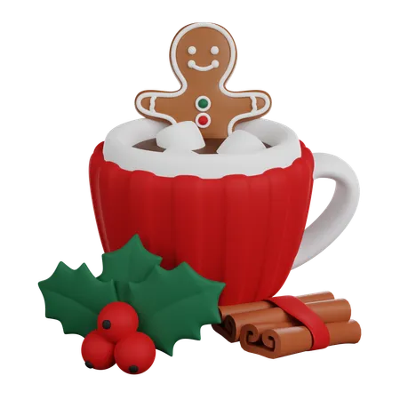 Hot Chocolate With Gingerbread Man Marshmallow And Cinnamon 3 D Render 3D Icon