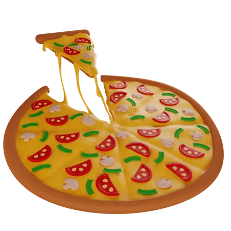Hot Pizza With Mushrooms With Stretching Cheese 3D Illustration
