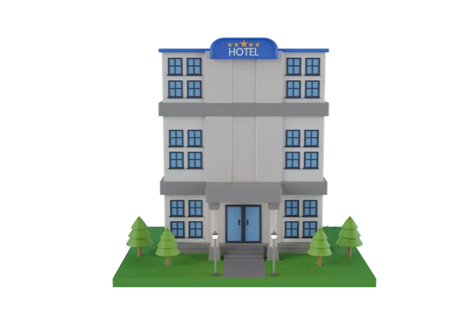 Hotel Building With Neon Sign And Trees Hotel On Earth And Lawn Grass In Real Estate 3 D Rendering 3D Illustration