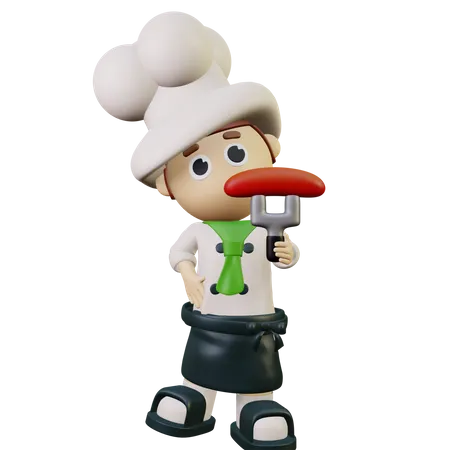Hotel chef holding sausage  3D Illustration