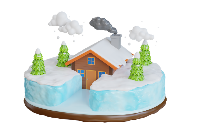 House Building in Forest Covered Snow  3D Illustration