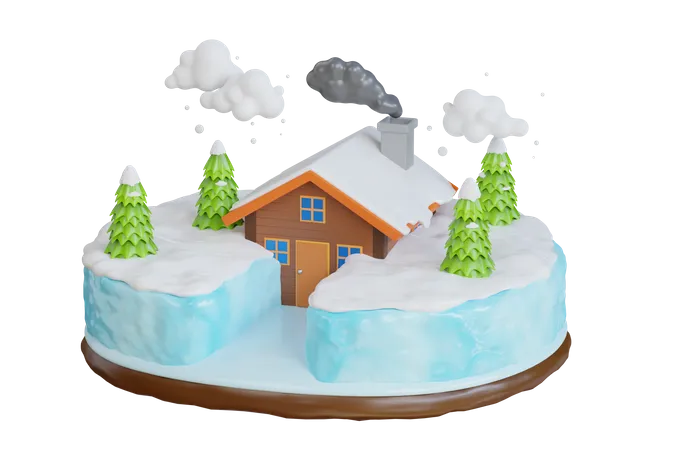 House Building in Forest Covered Snow  3D Illustration