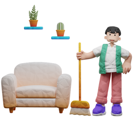 House Cleaner Standing With Broom At Living Room  3D Illustration