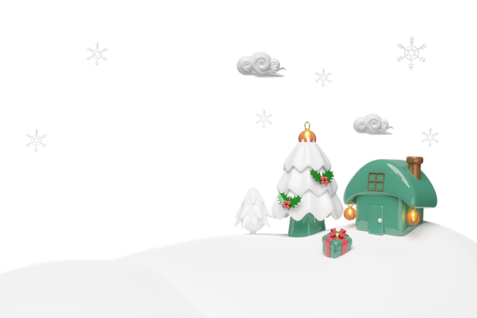 House on snow hill  3D Illustration