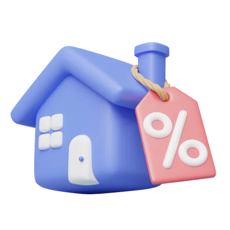 3 D House Sale Icon Cute Blue Home With Percent Discount Tag Floating On Transparent Business Investment Real Estate Mortgage Loan Concept Cartoon Icon Minimal Style 3 D Render Illustration 3D Illustration