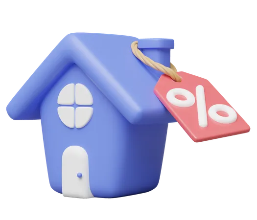 3 D House Sale Icon Cute Blue Home With Percent Discount Tag Isolated On Transparent Business Investment Real Estate Mortgage Loan Concept Cartoon Icon Minimal Style 3 D Render Illustration 3D Illustration