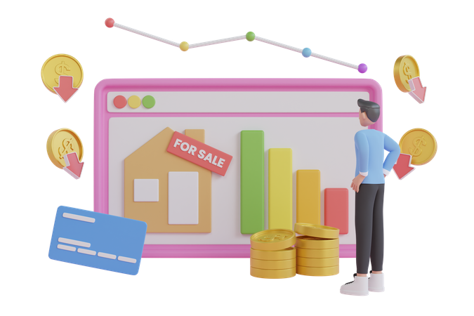 House sale falling due to economic recession  3D Illustration