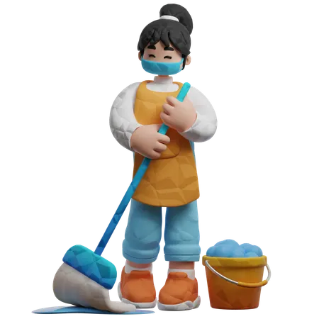 Housekeeper Cleaning Floor Using Mop  3D Illustration